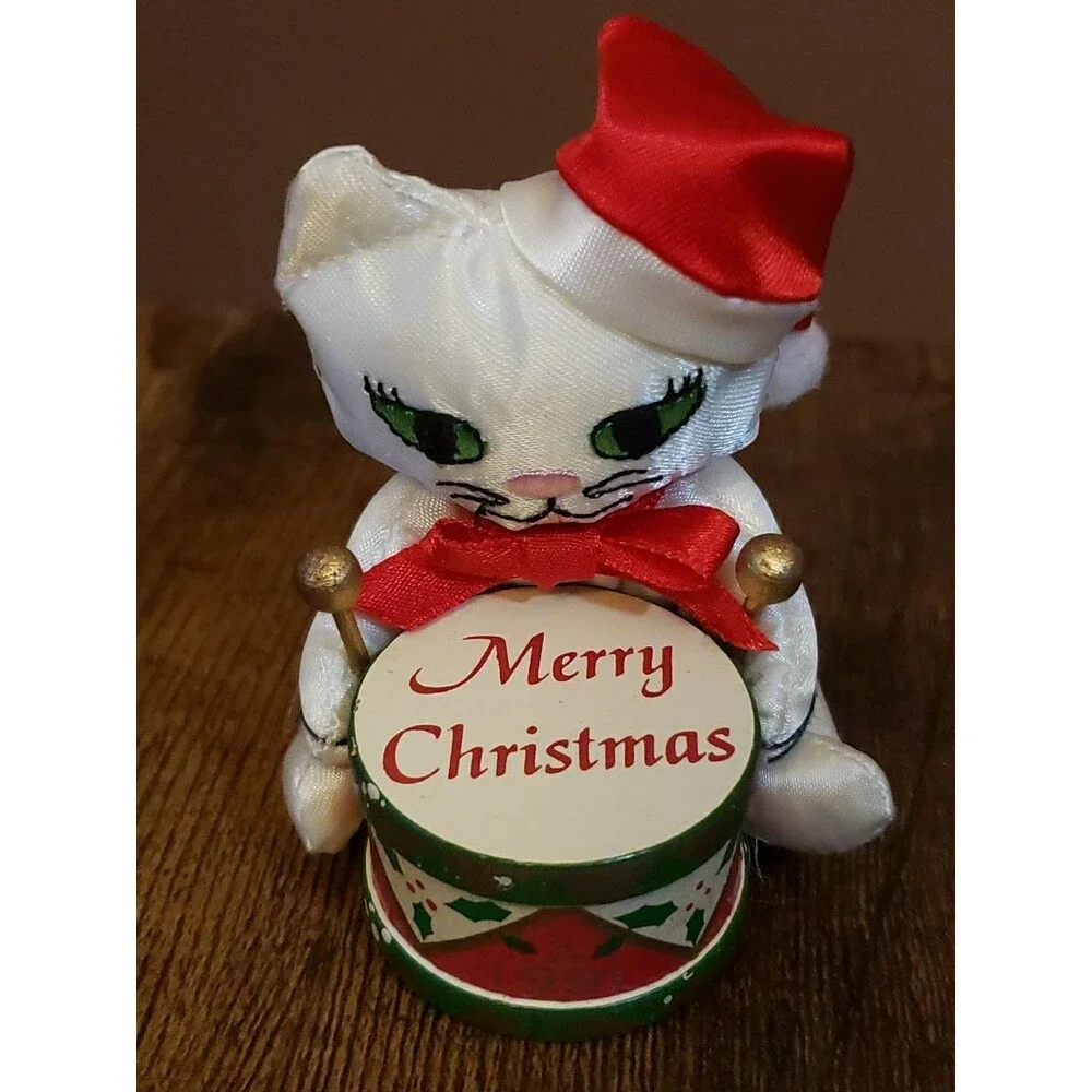 Fancy Feast 1991 Cat Christmas Ornament Cat Drummer White Satin Wood Drum Russ